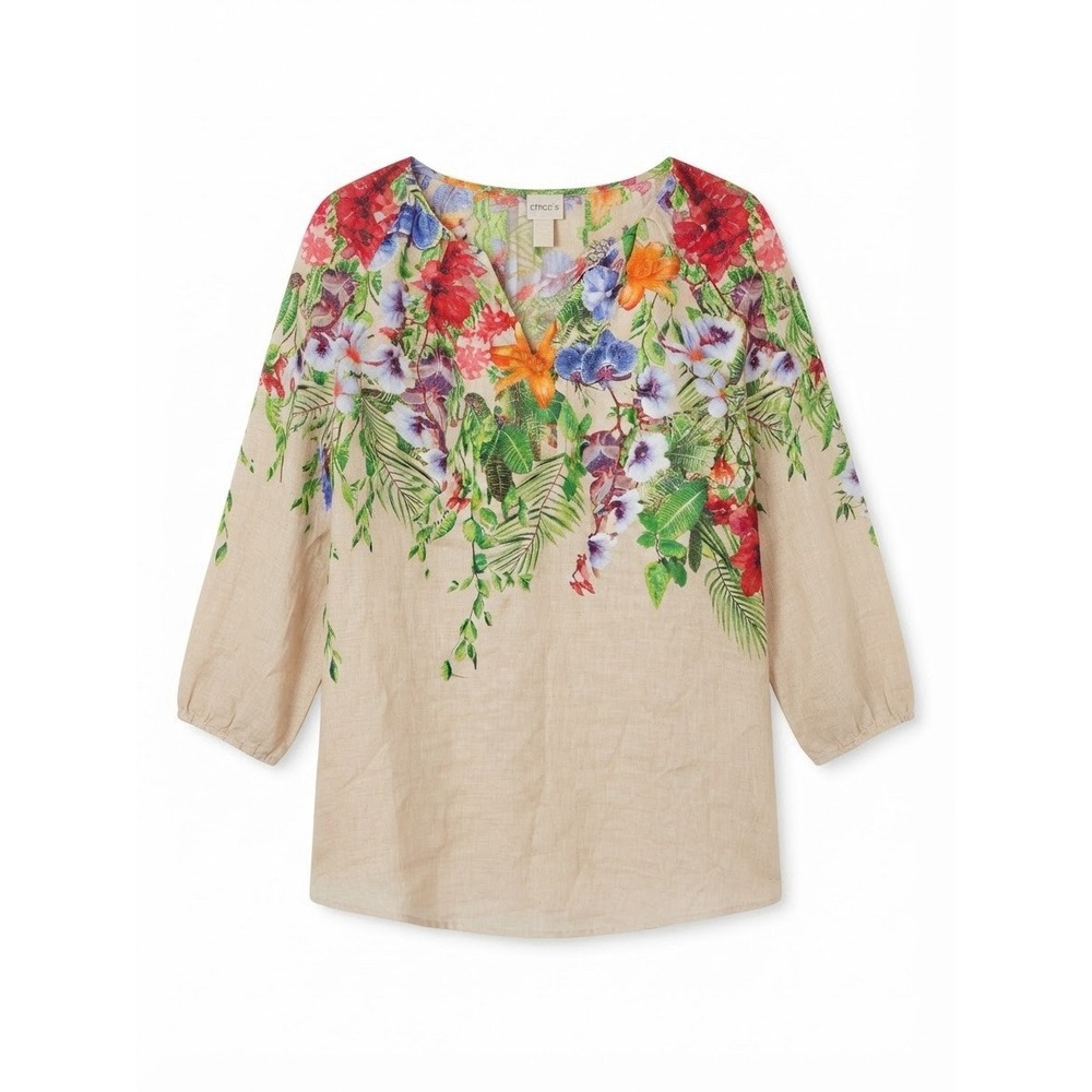 Chicos Xl Linen Top Floral Boho Colorful 3/4 Sleeve Peasant Hippie